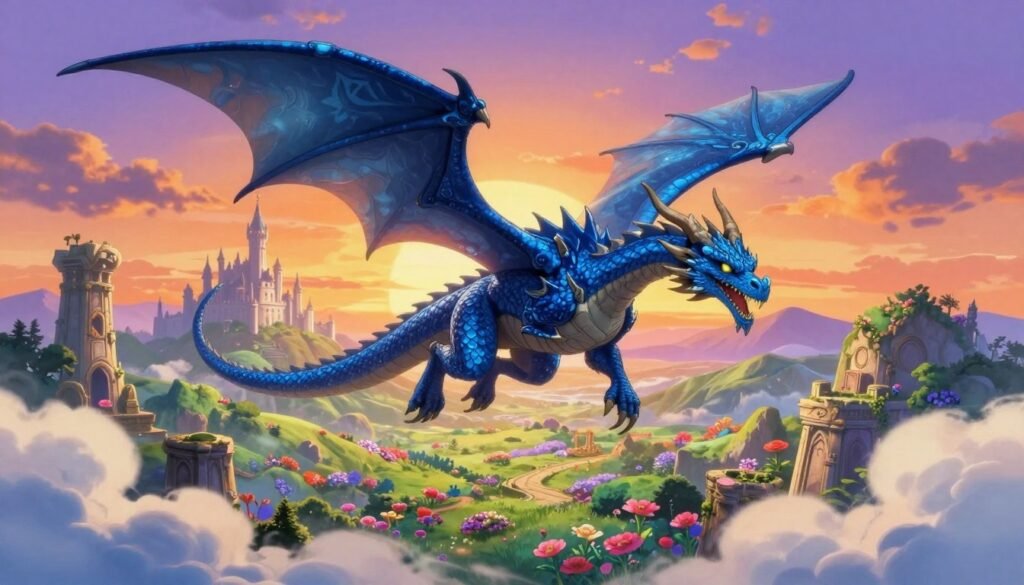 A majestic blue dragon, embodying a classic RPG style, soars gracefully above a vibrant fantasy landscape. The dragon, with intricate scales shimmering in varying shades of blue, has large, intricate wings that catch the sunlight. In the foreground, wispy clouds frame the creature, while below, a lush valley dotted with ancient ruins and blooming flowers creates a rich tapestry of colors. The middle ground showcases rolling hills leading up to a distant castle, adding depth and intrigue. The background features a sunset sky, painted with warm oranges and purples, casting a magical glow over the scene. The overall atmosphere is adventurous and nostalgic, reminiscent of Akira Toriyama's iconic art style. Soft, ambient lighting enhances the mystical feel, inviting viewers into a world of fantasy.