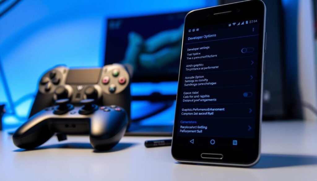 A modern Android smartphone displaying the "Developer Options" menu on its screen, set against a sleek, minimalistic workspace. The foreground features the phone prominently, with a close-up view of the developer settings, showing various toggle switches and settings for graphics performance enhancements. In the background, there is a soft-focus image of a well-organized desk with a laptop, gaming console, and game controllers, dimly lit with a cool blue hue to evoke a tech-savvy atmosphere. The lighting is ambient, highlighting the phone's screen while keeping the background subtly illuminated. The angle is slightly tilted to create a dynamic perspective, enhancing the feel of modern technology. The overall mood is focused and sophisticated, ideal for gamers aiming for enhanced performance.