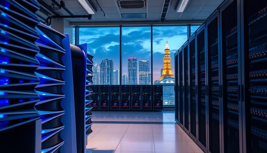 A modern data center in Singapore, showcasing a high-tech PS5 server room. In the foreground, focus on sleek PS5 consoles stacked neatly on large server racks, glowing blue lights illuminating their sleek design. The middle layer displays rows of powerful server machines, all powered on with LED indicators, reflecting the advanced technology used for PlayStation Plus services. The background features large windows with a view of Singapore's skyline illuminated at dusk, adding a futuristic urban vibe. Soft, ambient lighting enhances the high-tech atmosphere, while the scene is captured from a slight low-angle perspective to emphasize the impressive scale of the servers. The image conveys a sense of innovation and speed, perfect for illustrating efficient game downloads.