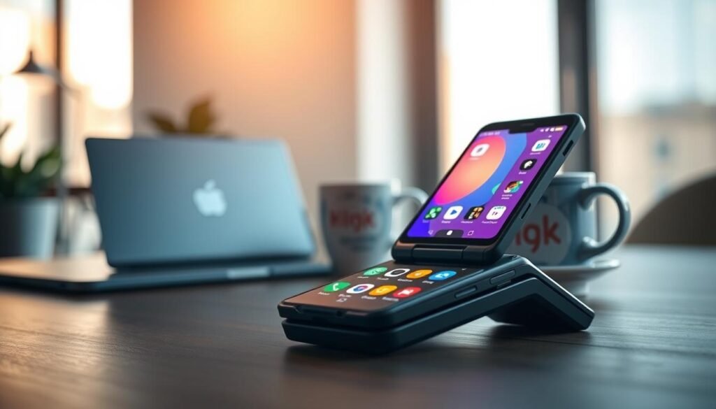 A modern flip phone with an Android interface, showcasing vibrant multitasking capabilities, positioned prominently in the foreground. The phone's sleek design reflects a high-tech aesthetic, with vibrant app icons visible on its split screen. In the middle ground, a blurred laptop and a stylish coffee cup hint at a productive workspace. The background features a minimalistic office setting with soft, natural lighting streaming through a window, creating a warm and inviting atmosphere. The angle captures the phone from a slight overhead perspective, emphasizing its dual screens and showcasing an array of open applications. The overall mood is dynamic and focused, illustrating a seamless multitasking experience.