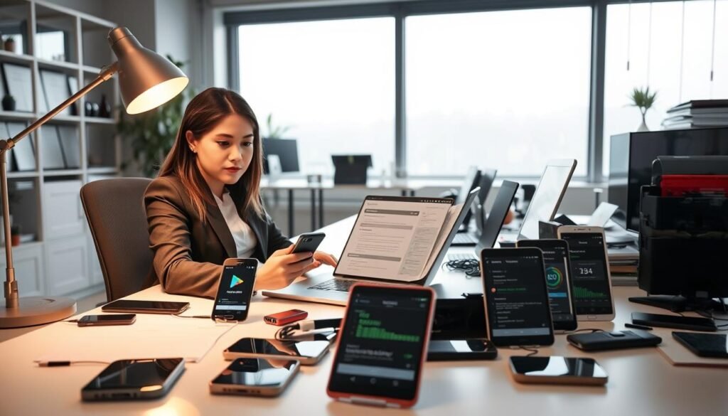 A modern office environment featuring a professional woman in business attire, sitting at a sleek desk cluttered with tech gadgets, laptops, and technical documentation. She is attentively troubleshooting an Android smartphone with the Google Play Services logo visible on the screen. The foreground highlights her focused expression, with a warm glow emanating from a desk lamp. In the middle, an open laptop displays a troubleshooting guide, while various mobile devices surround her, showcasing battery and performance metrics. In the background, a large window lets in soft, natural light, creating a calm yet determined atmosphere. The composition emphasizes a meticulous approach to solving tech issues, reflecting the theme of advanced troubleshooting. A modern office environment featuring a professional woman in business attire, sitting at a sleek desk cluttered with tech gadgets, laptops, and technical documentation. She is attentively troubleshooting an Android smartphone with the Google Play Services logo visible on the screen. The foreground highlights her focused expression, with a warm glow emanating from a desk lamp. In the middle, an open laptop displays a troubleshooting guide, while various mobile devices surround her, showcasing battery and performance metrics. In the background, a large window lets in soft, natural light, creating a calm yet determined atmosphere. The composition emphasizes a meticulous approach to solving tech issues, reflecting the theme of advanced troubleshooting.