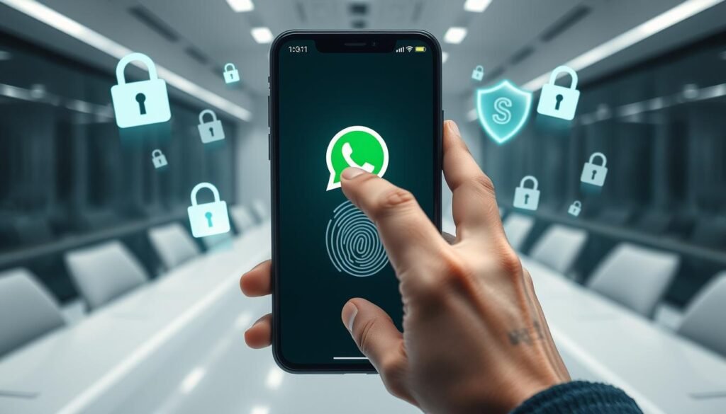 A modern smartphone displaying a WhatsApp chat interface, surrounded by floating digital elements representing data security, such as locks and encryption symbols. In the foreground, a hand scans a fingerprint on the screen, illustrating the passkey encryption process. The middle ground features subtle reflections of computer code and a glowing shield, symbolizing strong protection of personal data. The background showcases a sleek, minimalist office environment with soft, diffused lighting to create a calm yet focused atmosphere. The overall mood conveys security and reliability, emphasizing the advanced technology of safeguarding chat backups. Use a wide-angle lens to capture the action clearly, ensuring a professional look with no distractions.