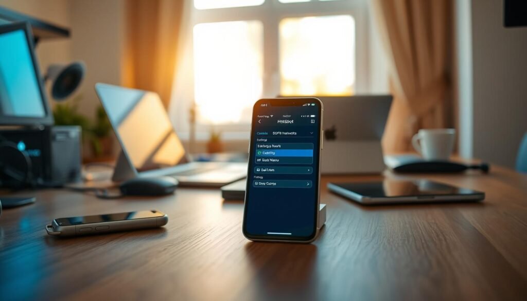 A modern smartphone on a sleek wooden desk, showing the hotspot settings for a 5GHz WiFi network in a vibrant, user-friendly interface. In the foreground, the phone's screen displays connection details, illuminated by soft blue and green backlighting to emphasize the technology theme. Surrounding the phone, there are subtle electronics and tech gadgets, hinting at a busy work environment. The middle ground features a blurred, stylish laptop and a tablet, creating an atmosphere of productivity and modern connectivity. In the background, a window lets in warm, natural light, suggesting a cozy, inspiring workspace. The overall mood is optimistic and focused, with a hint of technology-driven creativity. The composition is well-balanced, drawing the viewer's eye towards the phone while maintaining a professional vibe.