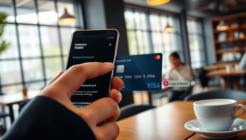 A modern, well-lit smartphone displaying a Samsung Wallet interface with a clear highlight on a "Redeem Rewards Card" option. In the foreground, fingers of a business professional in smart casual attire tap on the screen, showcasing an engaging interaction. In the middle ground, a sleek rewards card is partially visible, hinting at rewards and cashback benefits, adorned with logos of local banks in Indonesia. The background features a cozy coffee shop ambiance with soft natural light streaming in through large windows, creating a warm, inviting atmosphere. The overall mood is focused and optimistic, emphasizing the ease of redeeming cashback rewards through digital services. A modern, well-lit smartphone displaying a Samsung Wallet interface with a clear highlight on a "Redeem Rewards Card" option. In the foreground, fingers of a business professional in smart casual attire tap on the screen, showcasing an engaging interaction. In the middle ground, a sleek rewards card is partially visible, hinting at rewards and cashback benefits, adorned with logos of local banks in Indonesia. The background features a cozy coffee shop ambiance with soft natural light streaming in through large windows, creating a warm, inviting atmosphere. The overall mood is focused and optimistic, emphasizing the ease of redeeming cashback rewards through digital services.