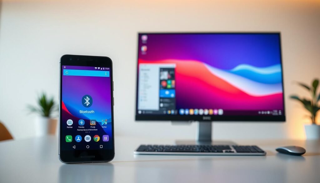 A modern workspace showcasing a sleek Android smartphone connected to a desktop PC via Bluetooth. In the foreground, the smartphone displays a vibrant screen with a remote desktop application open, showing a seamless interface. The middle ground features a stylish, professional desktop computer with a large monitor displaying an organized layout that includes app icons and a Bluetooth connection symbol. The background consists of a minimalistic office environment, with warm lighting that creates an inviting atmosphere. The angle is slightly angled from above, emphasizing both devices and their connection. The scene should evoke a sense of innovation and efficiency, conveying the ease of using Bluetooth for remote desktop access without the need for the internet. Ensure the setting is clean and visually appealing, reflecting a modern technological lifestyle.