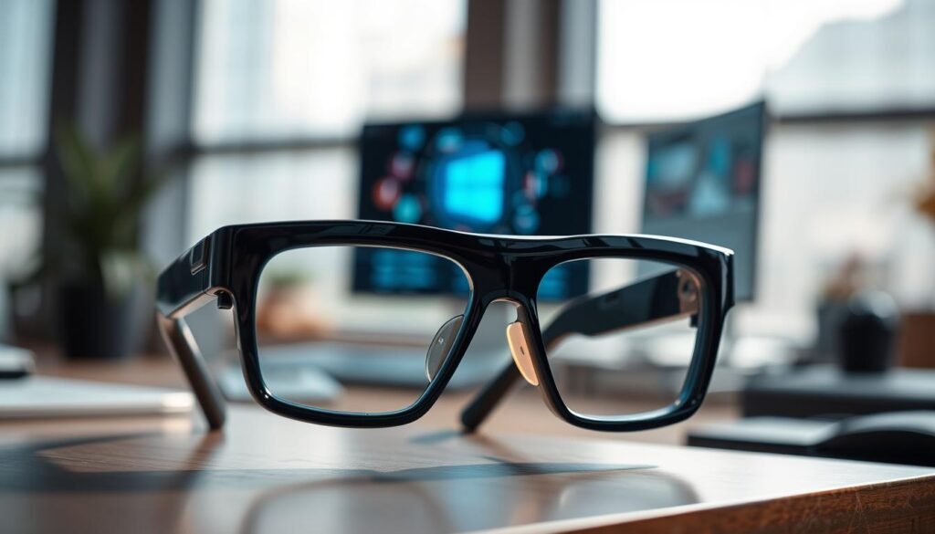 A pair of Xreal Air 2 augmented reality glasses prominently displayed in the foreground, showcasing their sleek, modern design with a glossy finish and futuristic features. The glasses are set against a softly blurred high-tech workspace background, hinting at an innovative atmosphere. Soft, natural lighting illuminates the glasses, highlighting their crisp lenses which reflect vibrant digital overlays, suggesting an immersive AR experience. In the middle ground, subtle hints of floating holographic images and virtual interfaces can be seen, enhancing the sense of augmented reality without overwhelming the scene. The overall mood conveys a blend of sophistication and advanced technology, inviting the viewer to explore the world of affordable AR innovation.