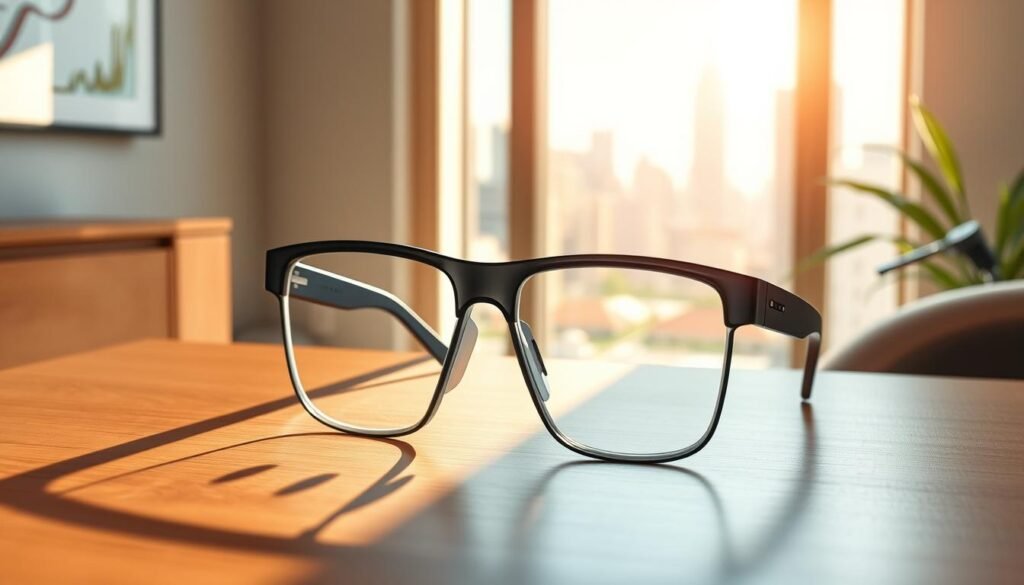 A pair of sleek, modern audio experience smart glasses designed for open-ear listening, resting on a stylish wooden surface. The glasses feature minimalist design elements, with transparent lenses and discreet built-in speakers, showcasing a blend of high-tech sophistication and everyday usability. In the foreground, sunlight filters through a nearby window, casting soft shadows that highlight the contours of the glasses. In the middle ground, a softly blurred view of a vibrant cityscape reflects a tech-savvy lifestyle, suggesting urban exploration. The background is subtle, with a hint of greenery, creating a fresh, open atmosphere. The overall mood is innovative and inviting, emphasizing the glasses' comfort and practicality for everyday use.