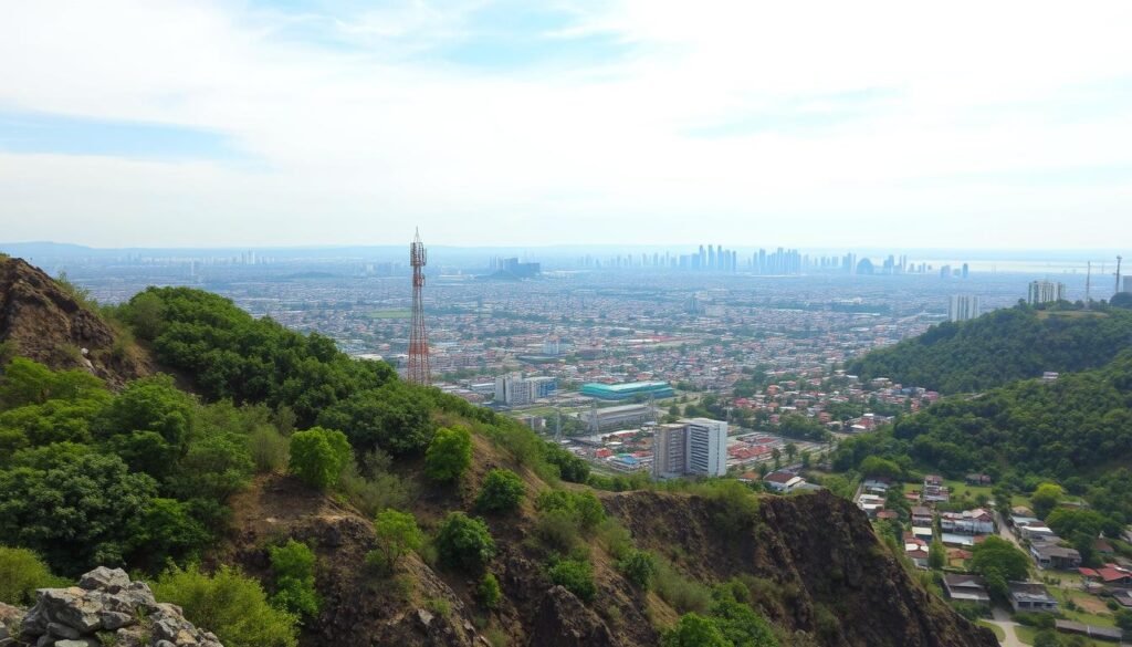A picturesque view of Indonesia's diverse geography highlighting the challenges of deploying 5G infrastructure. In the foreground, a rugged terrain with hills and lush green forests, symbolizing natural obstacles. In the middle ground, a telecommunications tower stands tall amidst urban areas, illustrating the blend of modern technology and nature. The background features a sprawling cityscape with both high-rise buildings and rural villages, showcasing the contrast in infrastructure. The sky is bright with soft, diffused sunlight, suggesting a hopeful atmosphere for technological advancement. Capture the scene from a slightly elevated angle to emphasize the scale of the landscape and infrastructure, creating a sense of depth and context.