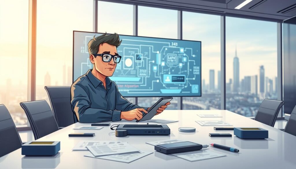 A professional AI technology expert, a middle-aged person with glasses and a thoughtful expression, is seated at a modern conference table in a well-lit office. The background reveals a large screen displaying dynamic visuals of video processing and AI algorithms. Soft, ambient lighting creates an inspiring atmosphere, highlighting the expert's focused demeanor as they interact with digital interfaces on a tablet. The foreground features various technological devices and papers scattered across the table, symbolizing in-depth research. A large window offers a glimpse of a futuristic cityscape, emphasizing the context of advanced technology. The scene conveys a mood of innovation and expertise, illustrating the critical analysis of AI capabilities, particularly ChatGPT-5's potential to comprehend video in the near future.