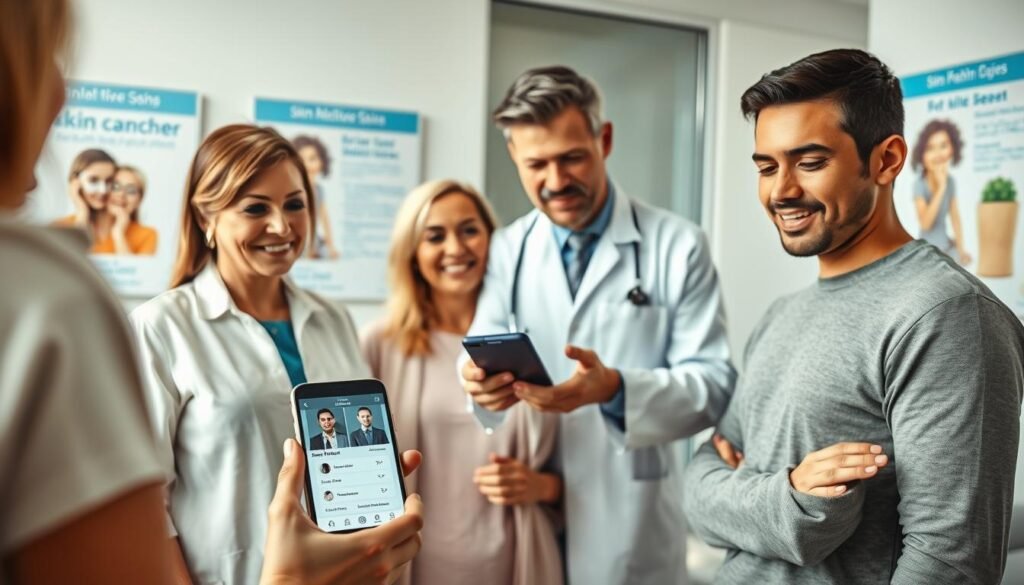 A professional healthcare setting showcasing the benefits of skin cancer detection applications. In the foreground, a diverse group of individuals, including a middle-aged woman and a young man, are looking at a smartphone with a user-friendly interface displaying skin analysis results. Their expressions show hope and reassurance. In the middle ground, a healthcare professional in a white coat is providing guidance, emphasizing the app's accuracy. The background features a modern clinic with medical posters about skin health and cancer awareness. Soft, natural lighting accentuates the warmth of the scene, creating an inviting atmosphere. The image is captured with a slight angle to create depth, focusing on the interaction between the individuals and the healthcare provider, illustrating community engagement and empowerment through technology.