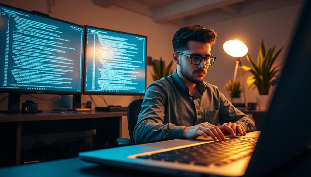 A professional programmer, focused and deep in thought, sits in a modern workspace surrounded by multiple screens displaying code and error messages related to mobile programming. In the foreground, a close-up view of a laptop keyboard, with hands actively typing, conveys urgency. The middle ground features the programmer, dressed in smart casual attire, thoughtfully examining code on one of the screens, with a soft blue glow from the monitors illuminating their face. The background is a minimalist office setting with plants and organized tech gadgets, enhancing the atmosphere of innovation and problem-solving. The lighting is warm yet bright, creating a focused and productive mood.