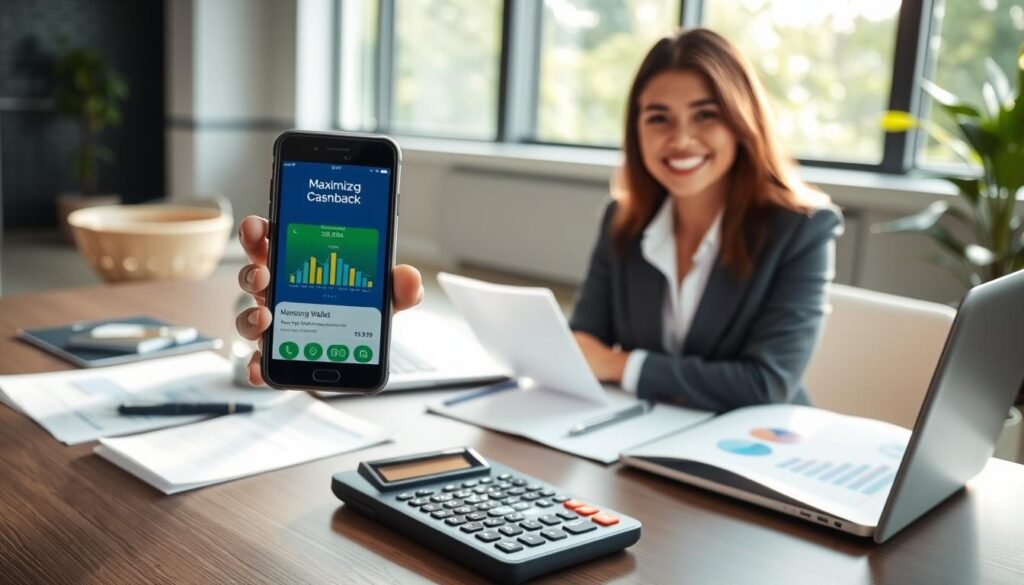 A professional woman in a business suit, sitting at a modern desk with a smartphone in hand, displaying the Samsung Wallet app. She is smiling, showcasing enthusiasm for maximizing cashback. In the foreground, a well-organized desk with financial documents, a sleek calculator, and a notepad filled with tips for cashback optimization. In the middle ground, a stylish laptop open to a finance website with vibrant graphs. In the background, a bright and airy office space with large windows and greenery visible outside, creating a calm and productive atmosphere. Soft, natural lighting illuminates the scene, with a focus on the smartphone, enhancing the modern and tech-savvy vibe. A professional woman in a business suit, sitting at a modern desk with a smartphone in hand, displaying the Samsung Wallet app. She is smiling, showcasing enthusiasm for maximizing cashback. In the foreground, a well-organized desk with financial documents, a sleek calculator, and a notepad filled with tips for cashback optimization. In the middle ground, a stylish laptop open to a finance website with vibrant graphs. In the background, a bright and airy office space with large windows and greenery visible outside, creating a calm and productive atmosphere. Soft, natural lighting illuminates the scene, with a focus on the smartphone, enhancing the modern and tech-savvy vibe.