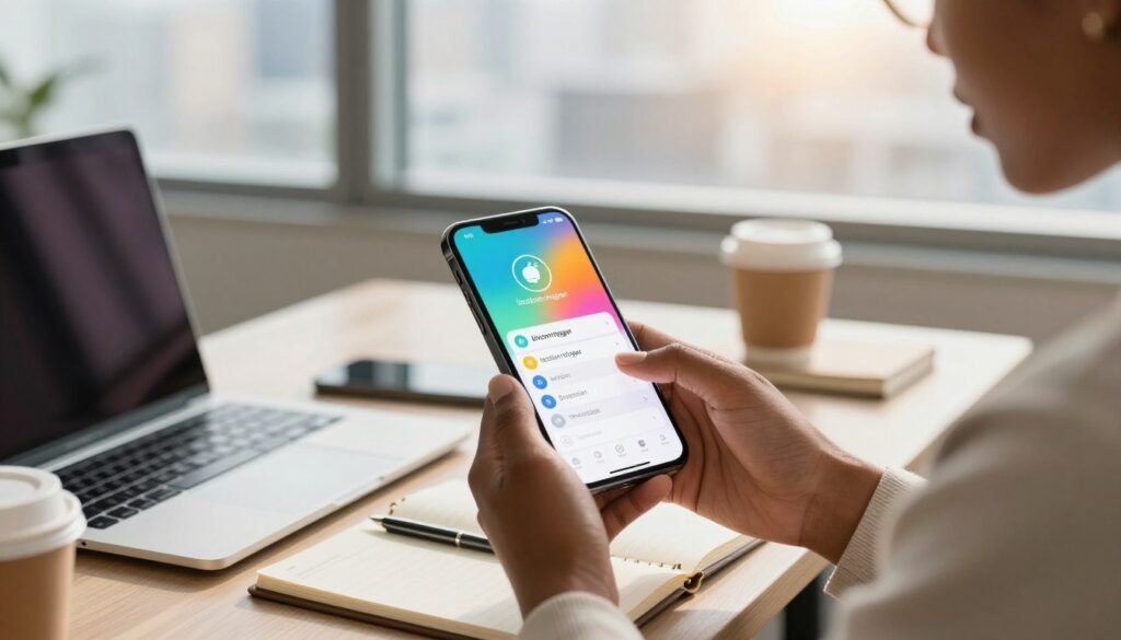 A serene and modern workspace with a focus on a smartphone displaying the Shortcuts app interface. In the foreground, a person of diverse descent, dressed in smart casual attire, interacts with the phone, showing a finger poised over the "location trigger" option. The middle ground features a desk with a laptop, notepads, and a coffee cup, while an office window in the background reveals a cityscape under bright daylight. The lighting is warm and inviting, highlighting the phone screen's vibrant colors. A subtle sense of productivity and clarity permeates the scene, emphasizing the ease of setting up location-based triggers in the Shortcuts app. The atmosphere is calm and focused, suitable for a guide on utilizing technology effectively.