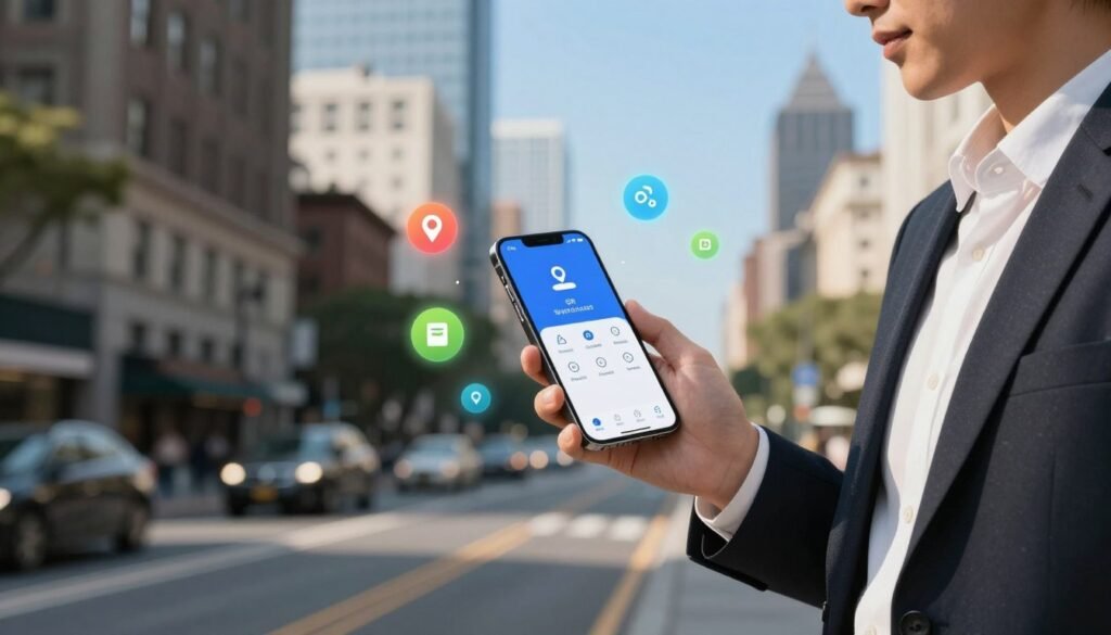 A serene urban scene featuring a person in professional business attire, standing on a bustling city street with an iPhone in hand. In the foreground, the individual looks engaged as they use the Siri Shortcuts app, with vibrant icons depicting location-based automations appearing around the phone. In the middle ground, various landmarks are subtly visible, signifying a tech-savvy environment. The background showcases a clear blue sky, with sunlight casting soft shadows to create a warm and inviting atmosphere. Capture the image at a slight angle to emphasize the connection between the person and their surroundings, evoking a sense of creativity and modernity in automation.