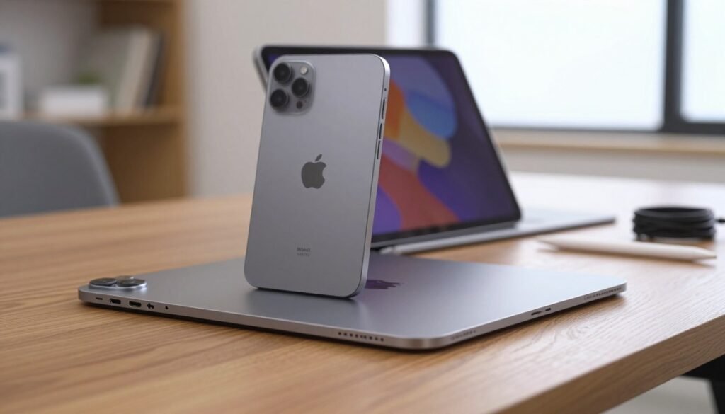 A sleek M1 iPad Pro and an M4 iPad Air are displayed side by side on a polished wooden desk, highlighting their storage and connectivity features. In the foreground, focus on the USB-C and Thunderbolt ports with a close-up view, showcasing the intricate details and metallic finish. The middle ground includes a stylish tablet stand holding both devices, with a few accessories like a stylus and a charging cable neatly arranged. The background features a soft-focus, modern workspace with natural light streaming through a window, creating a warm atmosphere. The overall mood is professional and tech-savvy, emphasizing innovation and the latest technology trends.