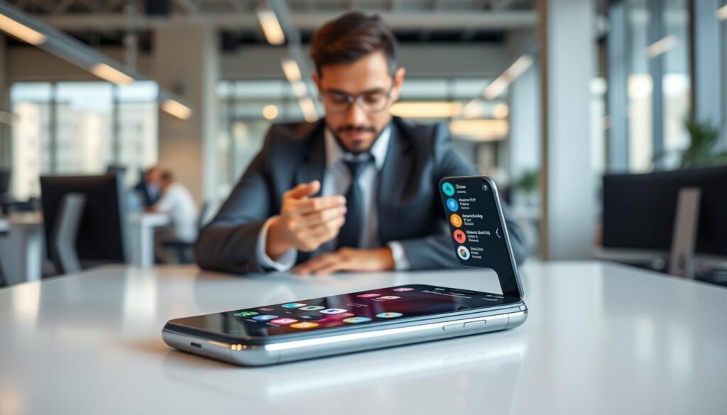 A sleek and cutting-edge flagship smartphone sits at the forefront, showcasing its elegant design with a vibrant display lit up, displaying various multitasking apps side by side. The background features a modern office environment, implying productivity and efficiency, with a blurred effect to focus on the phone. In the middle ground, a professional person in smart casual attire interacts with the device, exuding concentration and readiness as notifications pop up. The lighting is bright and inviting, highlighting the smartphone's features, while soft shadows create depth. The overall mood is dynamic and innovative, embodying the essence of multitasking in everyday life, emphasizing the device’s superior performance traits.