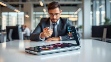 A sleek and cutting-edge flagship smartphone sits at the forefront, showcasing its elegant design with a vibrant display lit up, displaying various multitasking apps side by side. The background features a modern office environment, implying productivity and efficiency, with a blurred effect to focus on the phone. In the middle ground, a professional person in smart casual attire interacts with the device, exuding concentration and readiness as notifications pop up. The lighting is bright and inviting, highlighting the smartphone's features, while soft shadows create depth. The overall mood is dynamic and innovative, embodying the essence of multitasking in everyday life, emphasizing the device’s superior performance traits.