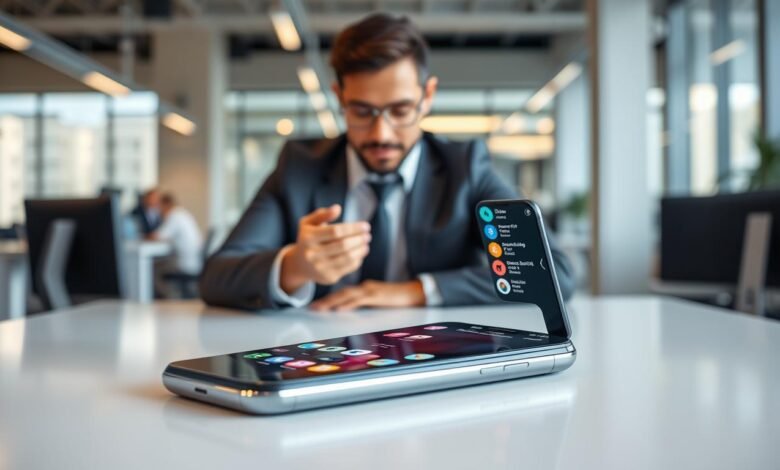 A sleek and cutting-edge flagship smartphone sits at the forefront, showcasing its elegant design with a vibrant display lit up, displaying various multitasking apps side by side. The background features a modern office environment, implying productivity and efficiency, with a blurred effect to focus on the phone. In the middle ground, a professional person in smart casual attire interacts with the device, exuding concentration and readiness as notifications pop up. The lighting is bright and inviting, highlighting the smartphone's features, while soft shadows create depth. The overall mood is dynamic and innovative, embodying the essence of multitasking in everyday life, emphasizing the device’s superior performance traits.