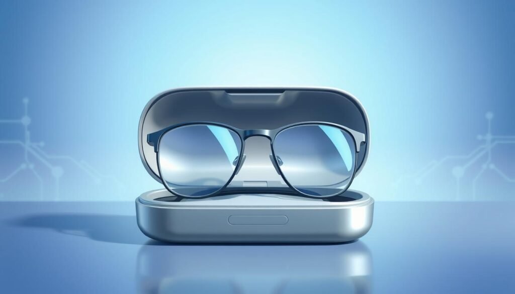 A sleek and modern pair of charging case smart glasses set against a minimalist, tech-inspired background. In the foreground, the smart glasses are open with an elegant charging case beside them, showcasing a glossy finish and innovative design. The glasses have a subtle metallic sheen, with smart lenses that are slightly tinted, reflecting soft ambient light. The middle ground features a gradient backdrop with soft blues and greens, suggesting a high-tech atmosphere. In the background, there are faint outlines of technology-inspired graphics to enhance the futuristic feel. The overall mood is sophisticated and cutting-edge, with bright, even lighting emphasizing the features of the glasses and case, captured from a slightly elevated angle to provide an appealing perspective.