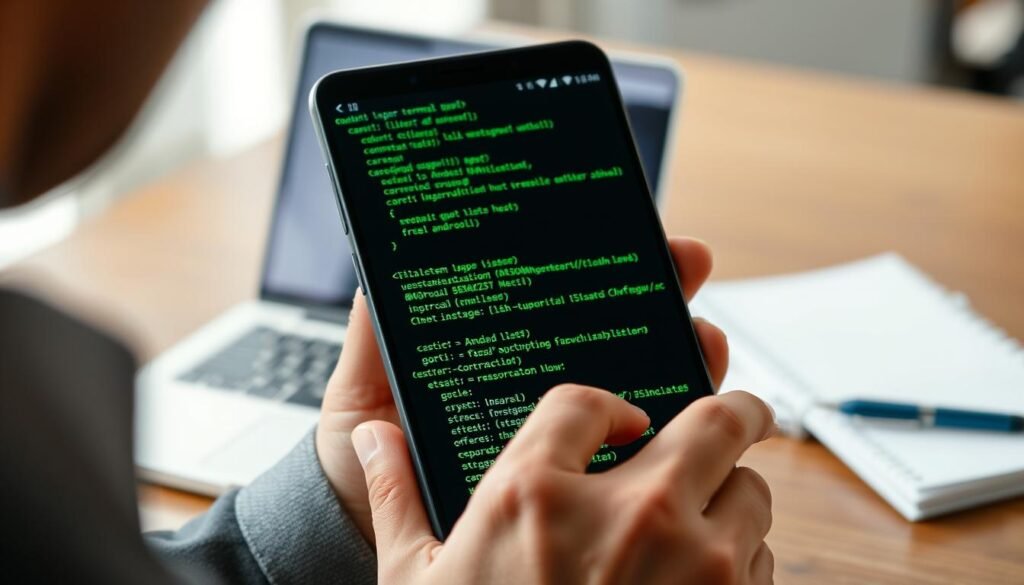 A sleek and modern terminal window open on a smartphone displaying the Termux interface, showcasing a code configuration related to Android development. In the foreground, a person in professional casual attire is intently focused on their device, with their hands placed on the screen as they type commands. The middle layer features the screen's text in bright green against a dark background for contrast, highlighting critical code snippets. In the background, a subtle blurred environment suggests an office space, with a soft-focus laptop and notepads, enhancing the coding atmosphere. The lighting is evenly lit, suggesting a focused workspace, and the angle is slightly tilted to capture the screen's details effectively while keeping the person engaged in the task. The overall mood exudes concentration, professionalism, and technical engagement.