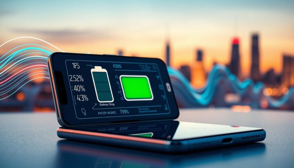 A sleek, futuristic smartphone with its battery symbol glowing optimally, set against a backdrop of vibrant digital energy waves illustrating efficiency. In the foreground, focus closely on the smartphone, showcasing the intricate details of its design, including clean lines and high-tech materials. In the middle ground, display subtle graphics representing battery usage statistics and data flow, symbolizing the impact of F2FS technology on battery longevity. The background features a soft-focus city skyline at twilight, with warm lighting to evoke a sense of innovation and advancement. Convey an atmosphere of modern technology and efficiency, with a clear, vibrant color palette that highlights the theme of energy preservation.