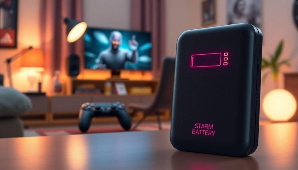 A sleek gaming handheld battery designed for the Steam Deck OLED 2, prominently displayed in the foreground. The device features vibrant LED indicators showing battery status, with a matte finish that reflects light attractively. In the middle ground, a subtle blurred image of a gaming setup, including a gamer’s desk with a console, controllers, and snacks, creating an immersive environment. The background features a softly lit room with warm ambient lighting, enhancing the cozy gaming atmosphere. The image is taken with a shallow depth of field to focus sharply on the handheld device, and the composition conveys a sense of anticipation and excitement about its upgraded battery performance. The overall mood is energetic yet relaxed, appealing to passionate gamers.