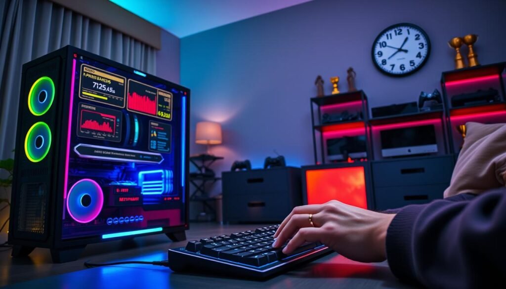 A sleek gaming setup in a modern living room, featuring a high-end gaming PC with RGB lighting and a large monitor displaying data benchmarks and graphics performance metrics. In the foreground, a pair of hands is using a gaming keyboard and mouse, focused but relaxed. The middle ground showcases an atmospheric glow from LED lights that enhance the gaming aesthetic, while a wall clock emphasizes time passing during intense gaming sessions. The background is a stylish shelf with gaming consoles and trophies. The lighting is vibrant, casting dramatic shadows, creating an engaging and intense mood that highlights the competitive nature of gaming. The overall atmosphere exudes energy and excitement, inviting viewers into the world of performance gaming.