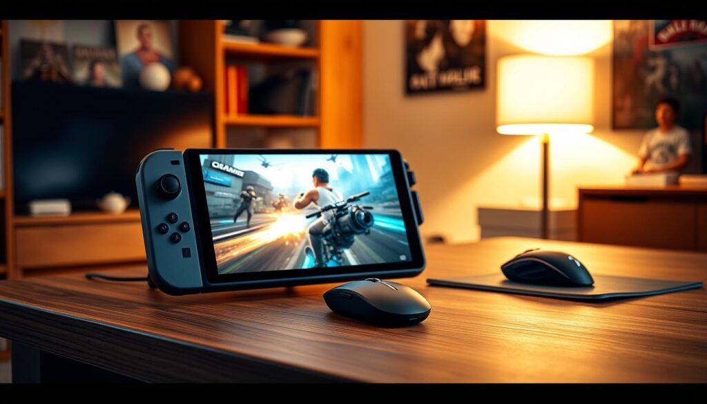 A sleek, high-end portable gaming console prominently displayed on a stylish wooden desk, with soft ambient lighting highlighting its premium finish and sleek design. In the foreground, the console features a vibrant screen displaying a dynamic AAA game scene, with intricate details and vivid colors. The middle ground includes a modern gaming setup, with a high-quality gaming headset and a compact mouse, complementing the console. In the background, a cozy, well-lit room with shelves showcasing gaming collectibles and posters, creating a warm, inviting atmosphere. The image is captured from a slight angle to emphasize the console's design, with a shallow depth of field enhancing the focus on the device while softly blurring the background, conveying a sense of high-end elegance and excitement for gaming.