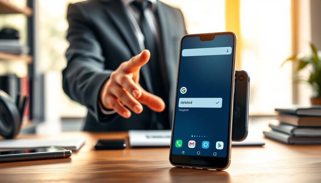 A sleek, modern Vivo smartphone displayed prominently in the foreground, its screen illuminated with a visual representation of a Google account being deleted. The middle ground showcases a subtle, blurred outline of a person's hand reaching towards the phone, signifying an interactive experience, clad in professional business attire. In the background, a soft-focus desk environment filled with tech gadgets, books, and calm natural lighting filtering in through a window, creating a serene atmosphere. The overall mood is focused and practical, emphasizing problem-solving and efficiency. Use warm lighting to enhance the tech-centric theme and a shallow depth of field to create an engaging focal point on the smartphone.