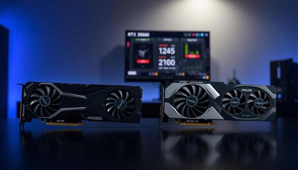 A sleek, modern comparison graphic featuring two graphics cards side by side: the RTX 4060 on the left and the RTX 3070 Ti on the right. In the foreground, both cards should be depicted on a polished black surface, showcasing their intricate details such as the cooling systems, ports, and branding. In the middle ground, use a subtle gradient backdrop that transitions from dark blue to light gray, creating a professional atmosphere. Soft, focused lighting highlights the features of each card, casting gentle shadows to enhance depth. The background should include a blurred representation of a high-end gaming setup, with a visible monitor displaying performance metrics. The overall mood should convey excitement and sophistication, appealing to tech enthusiasts.
