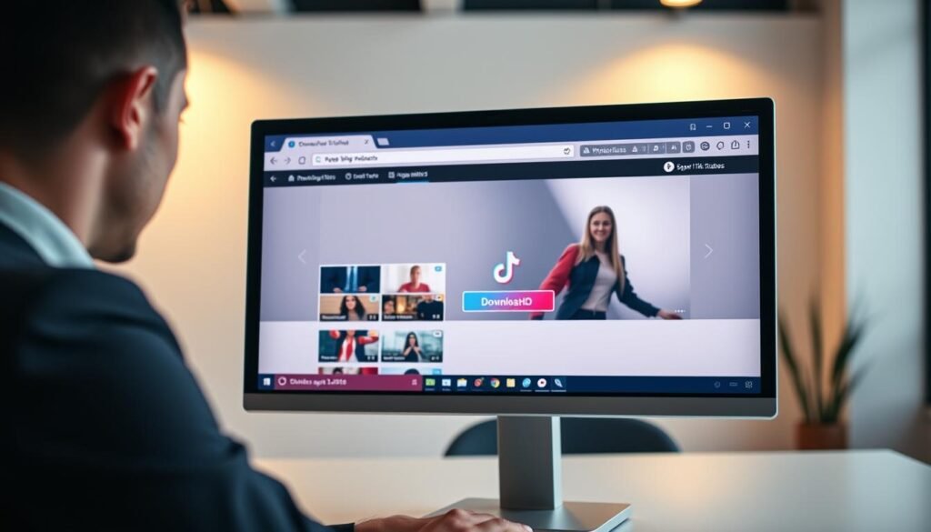 A sleek, modern computer screen displaying a user-friendly web application for downloading TikTok videos without watermarks. In the foreground, a person in smart casual attire is intently focused on the screen, highlighting a sense of professionalism and intent. The middle ground features a clear interface showcasing video thumbnails and an easy-to-understand download button, all in vibrant HD quality. The background includes a contemporary office setting with soft lighting, exuding a tech-savvy atmosphere. The warm, inviting light creates a sense of security and ease, reflecting the safe and browser-based nature of the application. The composition is shot from a slight angle, emphasizing the positive user experience without any text, watermarks, or distractions in the scene.