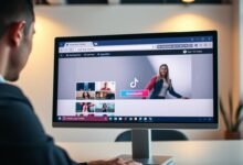 A sleek, modern computer screen displaying a user-friendly web application for downloading TikTok videos without watermarks. In the foreground, a person in smart casual attire is intently focused on the screen, highlighting a sense of professionalism and intent. The middle ground features a clear interface showcasing video thumbnails and an easy-to-understand download button, all in vibrant HD quality. The background includes a contemporary office setting with soft lighting, exuding a tech-savvy atmosphere. The warm, inviting light creates a sense of security and ease, reflecting the safe and browser-based nature of the application. The composition is shot from a slight angle, emphasizing the positive user experience without any text, watermarks, or distractions in the scene.