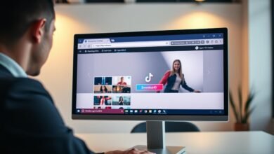 A sleek, modern computer screen displaying a user-friendly web application for downloading TikTok videos without watermarks. In the foreground, a person in smart casual attire is intently focused on the screen, highlighting a sense of professionalism and intent. The middle ground features a clear interface showcasing video thumbnails and an easy-to-understand download button, all in vibrant HD quality. The background includes a contemporary office setting with soft lighting, exuding a tech-savvy atmosphere. The warm, inviting light creates a sense of security and ease, reflecting the safe and browser-based nature of the application. The composition is shot from a slight angle, emphasizing the positive user experience without any text, watermarks, or distractions in the scene.