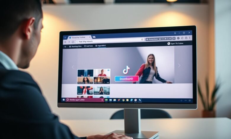 A sleek, modern computer screen displaying a user-friendly web application for downloading TikTok videos without watermarks. In the foreground, a person in smart casual attire is intently focused on the screen, highlighting a sense of professionalism and intent. The middle ground features a clear interface showcasing video thumbnails and an easy-to-understand download button, all in vibrant HD quality. The background includes a contemporary office setting with soft lighting, exuding a tech-savvy atmosphere. The warm, inviting light creates a sense of security and ease, reflecting the safe and browser-based nature of the application. The composition is shot from a slight angle, emphasizing the positive user experience without any text, watermarks, or distractions in the scene.
