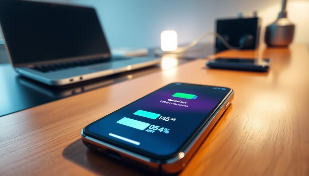 A sleek, modern iPhone lying on a polished wooden desk, with a close-up view of its battery icon displaying optimal performance metrics. The foreground features the iPhone in sharp focus, showcasing its display and vibrant colors. In the middle ground, a blurred laptop and charging cable can be seen, suggesting a workspace dedicated to technology. In the background, soft, ambient lighting creates a calm atmosphere, hinting at a cozy home office. A gentle glow highlights the iPhone’s screen, emphasizing the theme of battery optimization post-iOS 18 update. The overall mood is professional and informative, ideal for illustrating the concept of smartphone battery management.