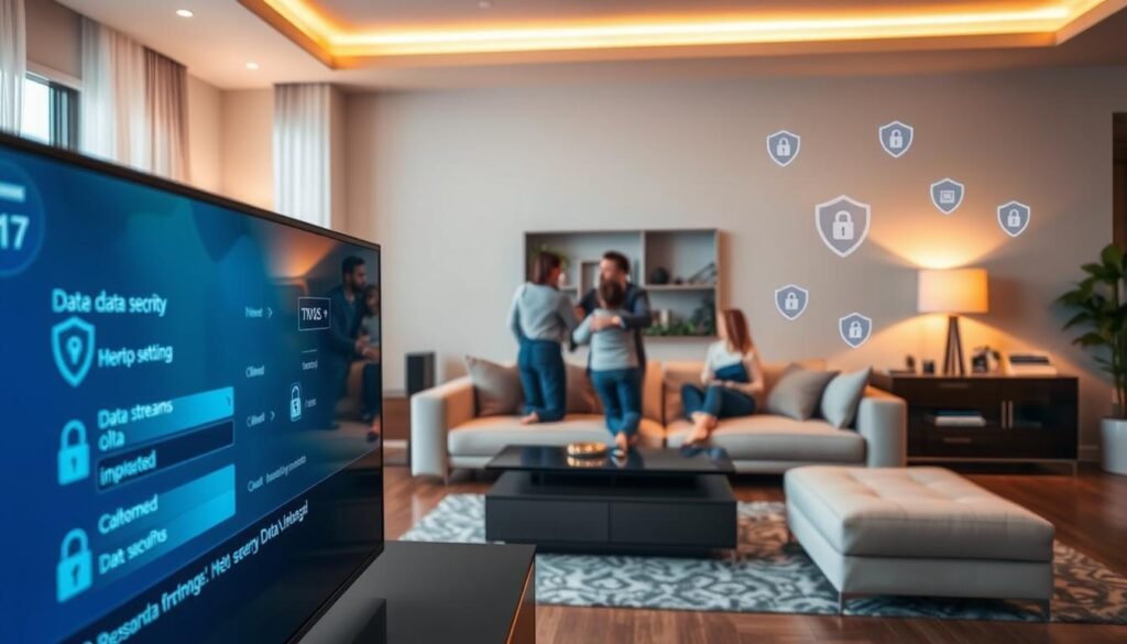 A sleek, modern living room showcasing a state-of-the-art Smart TV prominently displayed on a stylish media console. In the foreground, a close-up of the TV screen features a digital interface emphasizing data security settings and visual representations of data streams being securely managed. The middle ground includes a soft, elegant sofa set with a family observing the TV, dressed in professional casual attire, highlighting the integration of technology into everyday life. The background is adorned with smart home gadgets and security icons, subtly blended into the décor. The lighting is warm and inviting, accentuating the tech features while creating a cozy atmosphere. Capture the essence of safety and innovation in this contemporary home environment.