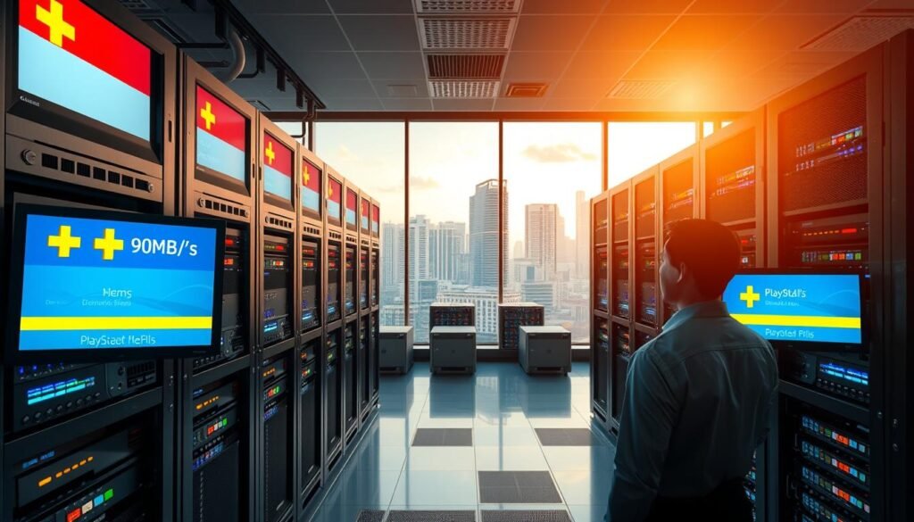 A sleek, modern server room with racks of PlayStation Plus servers prominently displaying the Singaporean flag on the front panels. In the foreground, a technician in professional attire is monitoring the servers on dual screens showing download speed metrics peaking at 90MB/s. The middle features rows of blinking server lights and cooling units, creating a dynamic atmosphere. The background reveals a large window showcasing a panoramic view of Singapore's skyline, bathed in warm, natural light indicating either early morning or late afternoon. The overall mood conveys high-tech efficiency and innovation, emphasizing the theme of overcoming common issues with server usage while ensuring a clean and organized environment that reflects cutting-edge technology.