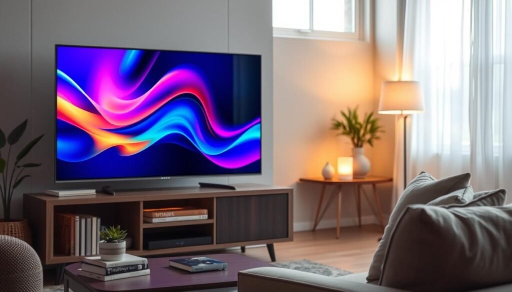 A sleek, modern smart TV prominently displayed in a cozy living room setting, showcasing vibrant colors on the screen to highlight Dolby Vision technology. The foreground features a stylish entertainment unit with the smart TV as the focal point, surrounded by a few artistic decor items like books and a small plant. In the middle ground, a comfortable sofa with throw pillows adds warmth to the atmosphere, while soft, diffused lighting from floor lamps enhances the inviting ambiance. The background displays a softly blurred window with natural light filtering in, creating a serene environment. The scene suggests a sense of innovation and sophistication, ideal for tech enthusiasts. Capture this with a slightly elevated angle, focusing on the TV's screen and surrounding decor to convey a harmonious living space.
