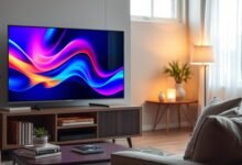 A sleek, modern smart TV prominently displayed in a cozy living room setting, showcasing vibrant colors on the screen to highlight Dolby Vision technology. The foreground features a stylish entertainment unit with the smart TV as the focal point, surrounded by a few artistic decor items like books and a small plant. In the middle ground, a comfortable sofa with throw pillows adds warmth to the atmosphere, while soft, diffused lighting from floor lamps enhances the inviting ambiance. The background displays a softly blurred window with natural light filtering in, creating a serene environment. The scene suggests a sense of innovation and sophistication, ideal for tech enthusiasts. Capture this with a slightly elevated angle, focusing on the TV's screen and surrounding decor to convey a harmonious living space.