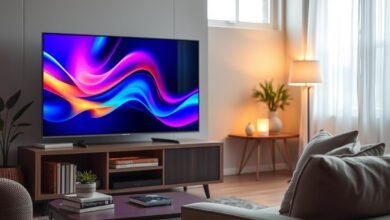 A sleek, modern smart TV prominently displayed in a cozy living room setting, showcasing vibrant colors on the screen to highlight Dolby Vision technology. The foreground features a stylish entertainment unit with the smart TV as the focal point, surrounded by a few artistic decor items like books and a small plant. In the middle ground, a comfortable sofa with throw pillows adds warmth to the atmosphere, while soft, diffused lighting from floor lamps enhances the inviting ambiance. The background displays a softly blurred window with natural light filtering in, creating a serene environment. The scene suggests a sense of innovation and sophistication, ideal for tech enthusiasts. Capture this with a slightly elevated angle, focusing on the TV's screen and surrounding decor to convey a harmonious living space.