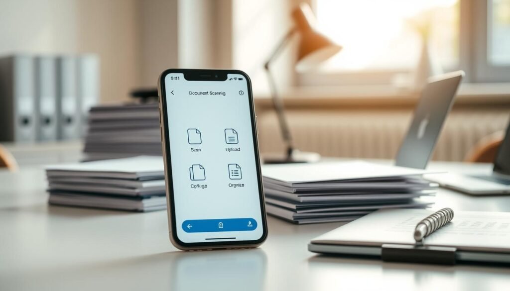 A sleek smartphone displaying an alternative document scanning application interface, centered in the foreground. The app features clear symbols for scanning, uploading, and organizing documents, designed with a modern, user-friendly layout. In the middle ground, a well-organized office workspace with a blurred background showing stacks of documents, a stylish desk lamp, and a subtle hint of a laptop, creating a professional atmosphere. Soft, natural light filters through a nearby window, casting gentle shadows, enhancing the calm and efficient vibe of the workspace. The image captures a sense of innovation and adaptability in response to technology challenges, emphasizing the shift toward alternative scanning solutions. No people are present in the image.