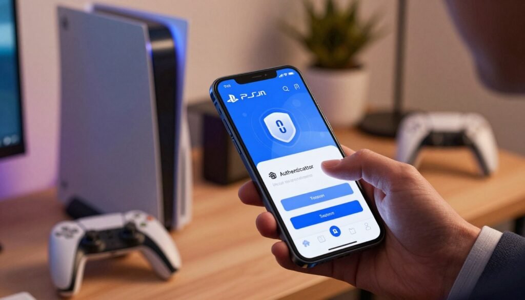 A smartphone prominently displaying the PlayStation authenticator app interface, showcasing a vibrant and user-friendly design with a focus on security features. The foreground should include a close-up of the app, highlighting the two-factor authentication code entry section. In the middle, a lightly blurred hand, wearing a professional business attire, interacts with the screen, symbolizing secure access. The background features a softly illuminated desk with gaming accessories, like a PlayStation console and controller, creating a tech-savvy atmosphere. The lighting is warm and inviting, emphasizing the sense of security and professionalism. The image should capture a mood of trust and vigilance, reflecting the importance of online account protection.