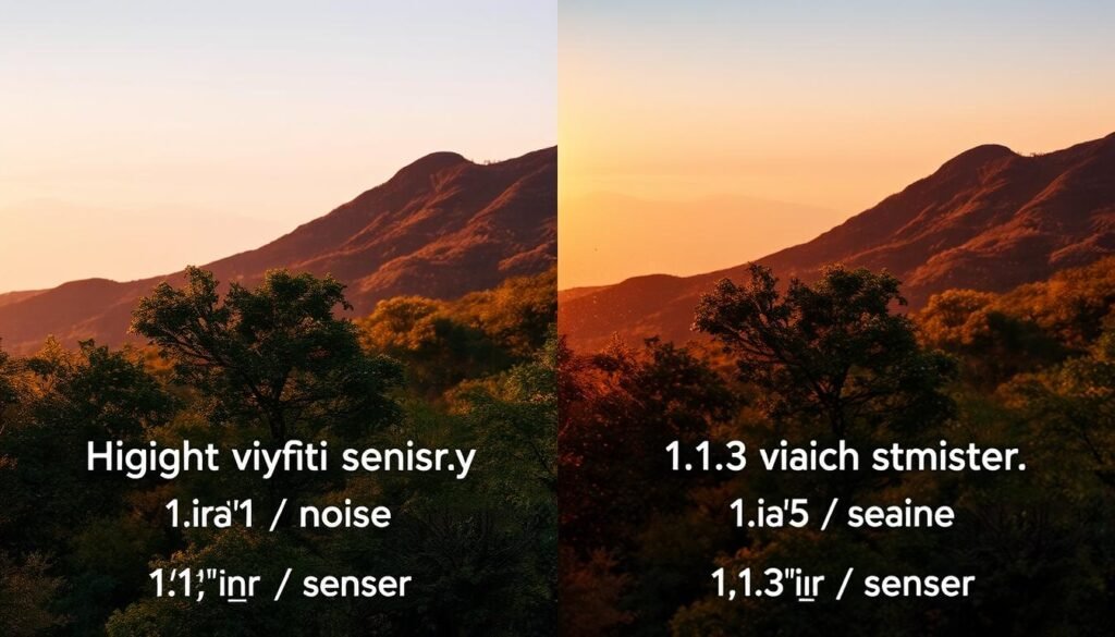 A split image illustrating the impact of pixel size on image noise in photography. On the left, depict a high-quality image captured with a large 1-inch sensor, showcasing vibrant colors and minimal noise. The background should feature a serene landscape with clear skies and detailed foliage, emphasizing sharpness and clarity. On the right, show a grainier image taken with a smaller 1/1.3-inch sensor, highlighting increased noise levels and slightly muted colors. The background can be a similar landscape under the same lighting conditions, but the details should be visibly softer. Use natural lighting, capturing the warm glow of a sunset. The overall mood should be a comparison between clarity and noise, with an emphasis on technical photography concepts.