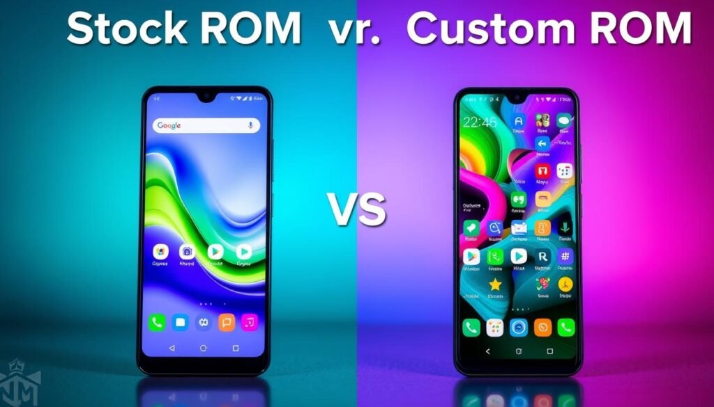 A split-screen image demonstrating the comparison between Stock ROM and Custom ROM for a Samsung A52. On the left, depict a crisp, detailed view of the Stock ROM interface showing a clean and standard layout, with smooth animations. On the right, illustrate the Custom ROM interface featuring vibrant colors, customized widgets, and unique themes to emphasize customization. The foreground includes transparent smartphone graphics centered on each side, showcasing their respective features. In the background, use subtle gradients of blue and green to convey a techy atmosphere. Ensure the lighting is soft yet vivid, highlighting the screens with a slight glow. Capture the essence of performance differences between the two ROM types in an engaging and informative manner. A split-screen image demonstrating the comparison between Stock ROM and Custom ROM for a Samsung A52. On the left, depict a crisp, detailed view of the Stock ROM interface showing a clean and standard layout, with smooth animations. On the right, illustrate the Custom ROM interface featuring vibrant colors, customized widgets, and unique themes to emphasize customization. The foreground includes transparent smartphone graphics centered on each side, showcasing their respective features. In the background, use subtle gradients of blue and green to convey a techy atmosphere. Ensure the lighting is soft yet vivid, highlighting the screens with a slight glow. Capture the essence of performance differences between the two ROM types in an engaging and informative manner.