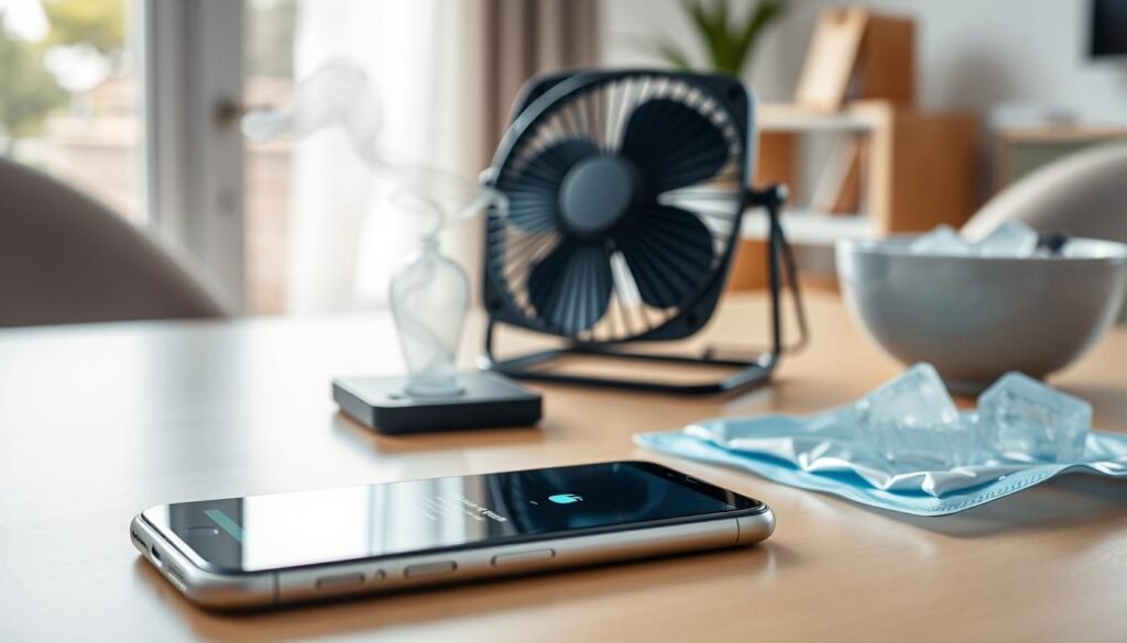 A stylish, modern workspace featuring a table with a sleek iPhone resting on it, surrounded by cooling solutions like a small fan, an ice pack, and a bowl of ice. In the foreground, focus on the iPhone displaying a high temperature alert screen, with subtle heat waves emanating from it. The middle ground showcases the fan gently blowing air towards the iPhone, while the ice pack is neatly placed beside it. The background features a softly lit room with natural sunlight filtering through a window, creating a calm and inviting atmosphere. Use a shallow depth of field to emphasize the iPhone and cooling products, capturing a sense of urgency yet offering a solution to the overheating problem.