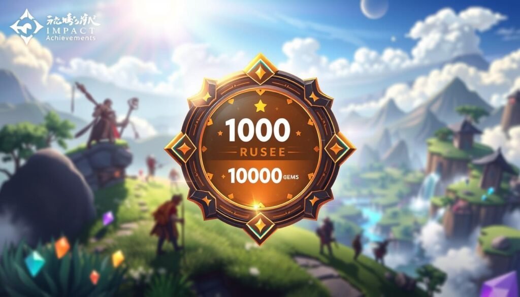 A vibrant and dynamic depiction of Genshin Impact achievements, centered on a glowing achievement badge framed in intricate artwork resembling the game's style. In the foreground, the badge takes center stage, embellished with symbols of exploration, combat, and completion, radiating an ethereal light that hints at the rewards of 1000 free Primogems. The middle ground features iconic character silhouettes engaged in various quests, surrounded by lush, fantasy-style landscapes typical of Teyvat, capturing the playful spirit of the game. In the background, soft, dreamy clouds and distant mountains create a sense of vastness and adventure. The lighting is bright and brilliant, evoking a feeling of accomplishment and excitement, while the overall atmosphere is enchanting and inviting, perfect for fans and newcomers alike.