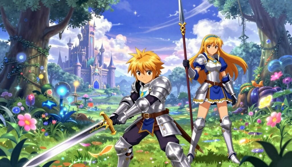 A vibrant and dynamic scene from "Tales of Vesperia," featuring the main characters Yuri and Judith in an epic fantasy setting. In the foreground, Yuri wields his sword, showcasing a determined expression, while Judith stands beside him, poised with her spear, exuding confidence. The characters are adorned in intricate, colorful armor reflecting their unique styles. In the middle ground, a lush, detailed magical forest glows with soft, ethereal light, surrounded by fantastical flora and fauna. The background reveals a distant, mystical castle set against a twilight sky filled with swirling clouds. The overall mood is adventurous and whimsical, evoking the spirit of classic JRPGs. The lighting is soft, with a dreamlike quality, enhancing the fantastical elements of the scene, captured in a cinematic angle that invites the viewer into this captivating world.