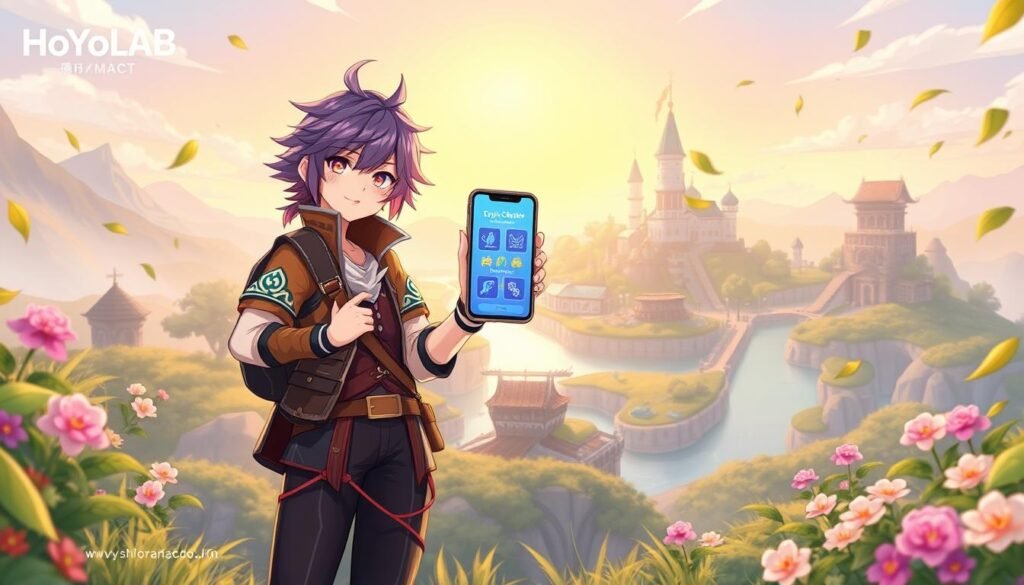 A vibrant digital illustration of a character from Genshin Impact participating in the Daily Check-In on the HoYoLAB platform. The character, dressed in a stylish adventure outfit, stands confidently in the foreground, holding a smartphone displaying the HoYoLAB interface. In the middle ground, a lush, interactive fantasy landscape inspired by Teyvat appears, with recognizable landmarks like Liyue Harbor. The background features a serene sunrise, casting soft, golden light across the scene. A gentle breeze rustles leaves and colorful flowers, creating a lively atmosphere. The overall mood is cheerful and engaging, highlighting the excitement of daily commissions and login bonuses, perfect for capturing the essence of the gaming community experience.