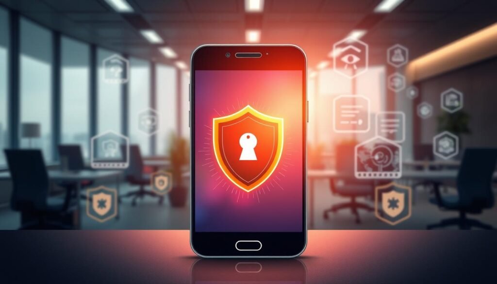 A visually engaging illustration representing "document scanner application security" amidst the backdrop of a digital landscape. In the foreground, depict a smartphone displaying a scanning app interface with a glowing shield symbol, signifying security. In the middle ground, show blurred representations of malware icons and digital threats, as if they are being repelled by the shield. The background features a sleek, modern office environment with muted tones, emphasizing professionalism. Soft, ambient lighting casts a warm glow, enhancing the mood of caution and vigilance. Use a wide-angle perspective to capture the entire scene, while ensuring a clear focus on the smartphone and its security features, avoiding any text or branding.