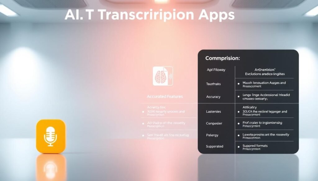 A visually striking comparison chart illustrating "AI Transcription Apps for Indonesian Language" with three distinct sections. In the foreground, feature icons representing each app: a microphone symbol, a file document, and an AI brain. In the middle ground, include sleek, modern UI elements showcasing app features like accuracy rates, user-friendliness, and supported formats. The background should have a subtle gradient, suggesting technology and innovation, with abstract shapes or faint outlines of audio waveforms to enhance the theme. The lighting should be bright and professional, simulating a well-lit office environment. The overall mood is informative and engaging, aimed at professionals interested in AI advancements in transcription technology.